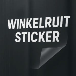 Winkelruitsticker op zwarte achtergrond, witte tekst.