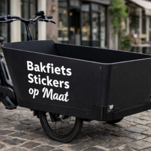 Bakfiets met gepersonaliseerde sticker op straat